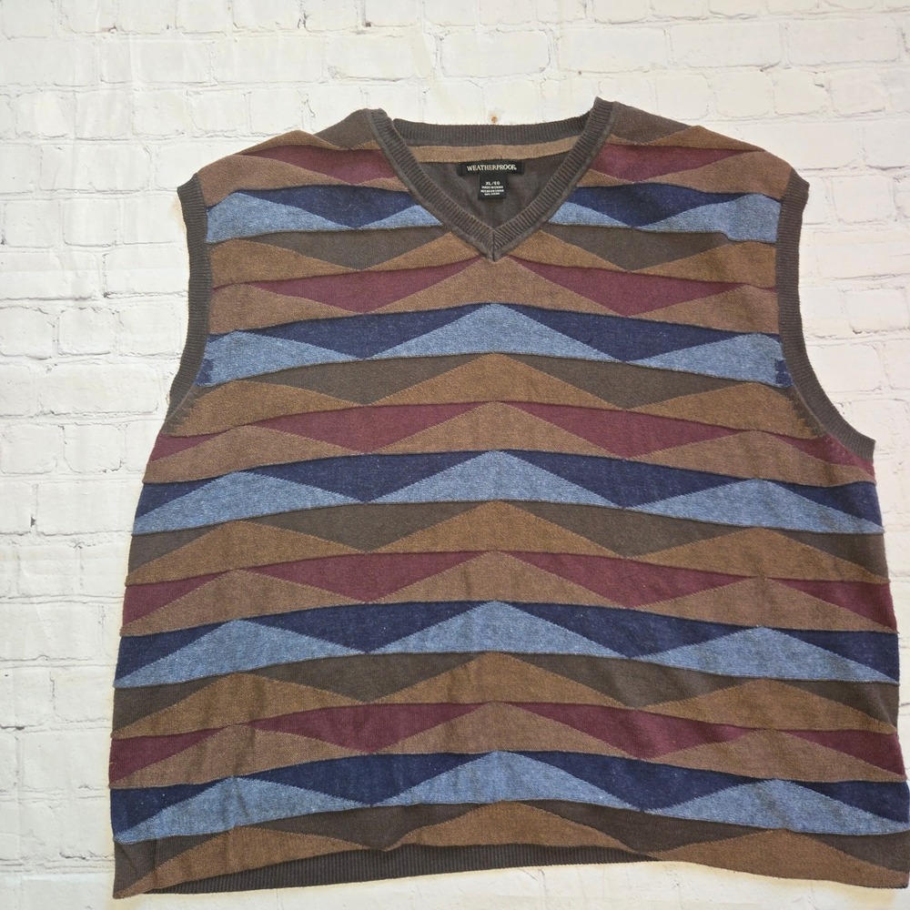 Weatherproof Mens XL V-Neck Sweater Vest 3D Geometric Cotton Knit XL grandpa